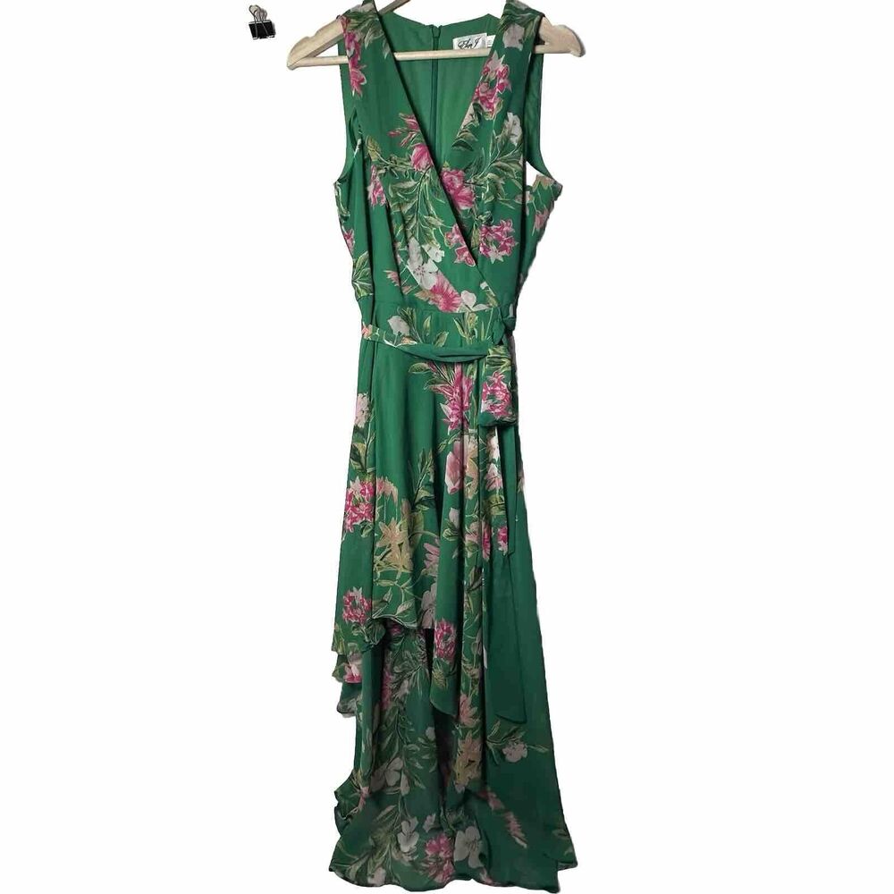 Eliza J Dress Women's 12 Chiffon High Low Floral Green Sleeveless Maxi W…